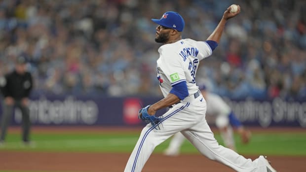 Toronto Blue Jays relief pitcher Jay Jackson (35) throws a pitch against the Tampa Bay Rays during the eighth inning at Rogers Centre in Toronto on Sept. 29, 2023.
